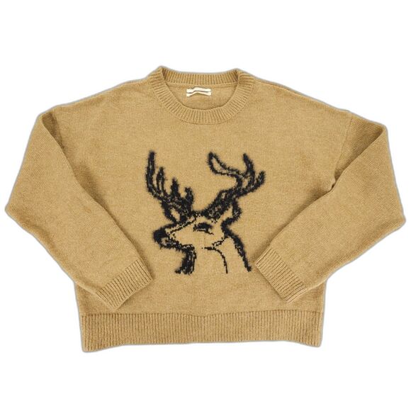 ANTHROPOLOGIE Oh Deer Sweater Reindeer Intarsia Novelty Pullover Tan Brown Boho - Picture 1 of 8